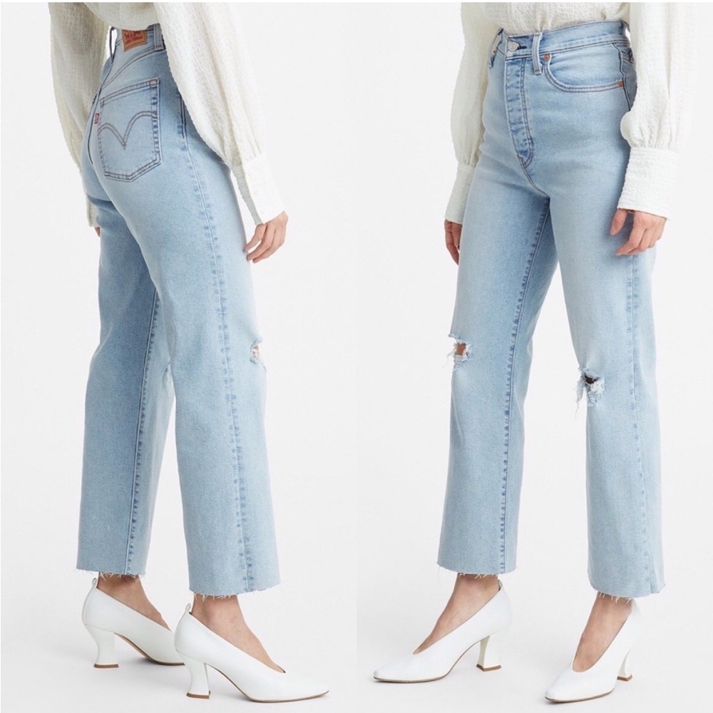 Levi’s Ribcage Straight Distressed Ankle Light Blue Denim Jean